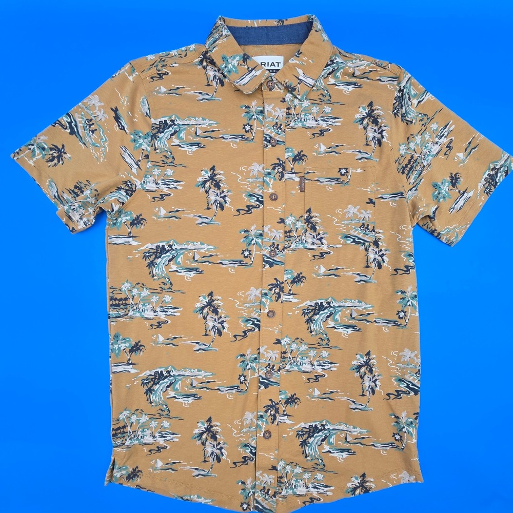 Ariat Mens Retro Button Down Shirt S Modern Slim SS Mocha Tropical Palm Tree NWT - Picture 4 of 11